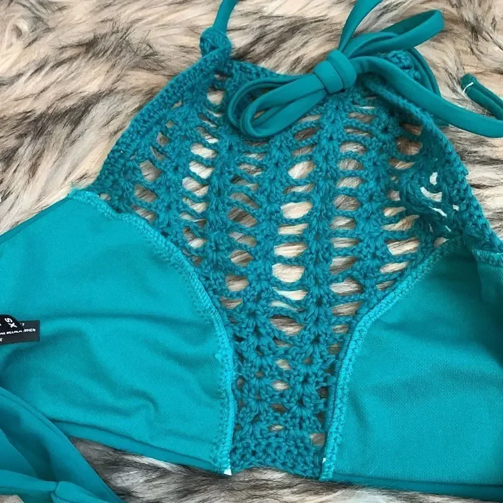 Designer crochet teal sea blue Swimsuit Top Bra Swimwear XS